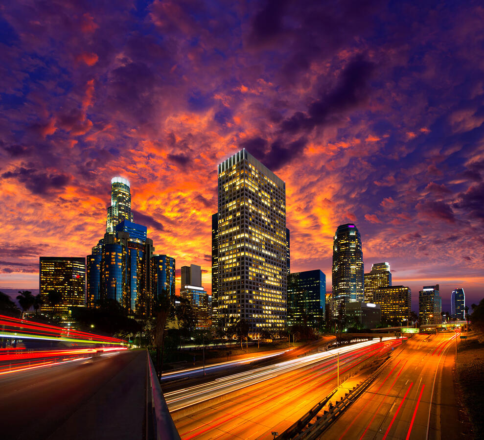 LOS ANGELES Downtown sunset traffic lights LOS ANGELES Downtown sunset